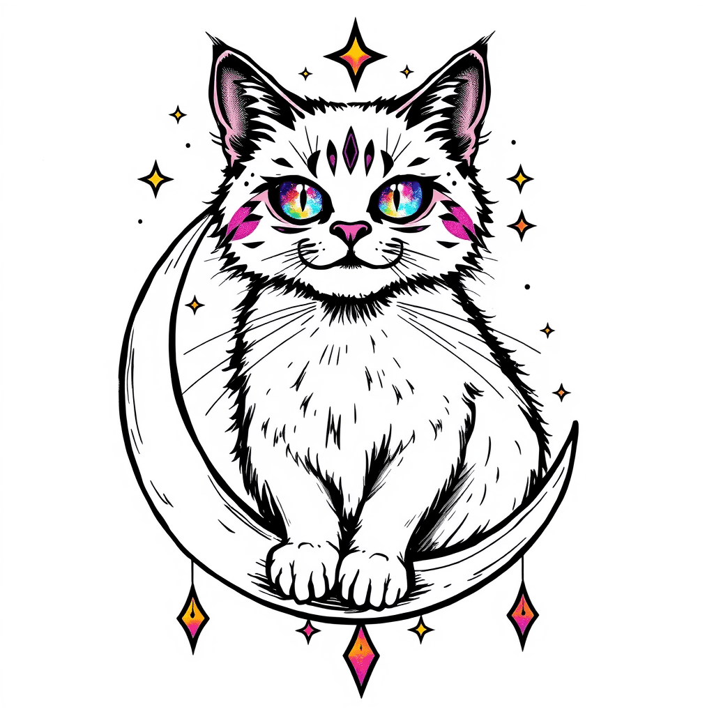 Guardian Of The Cosmos”
imagine A Majestic Cat, Symbolizing Independence And Mystery, Sitting Atop A Crescent Moon. The Cat’s Eyes Are Like Galaxies, Filled With Stars And Cosmic Dust, Representing T