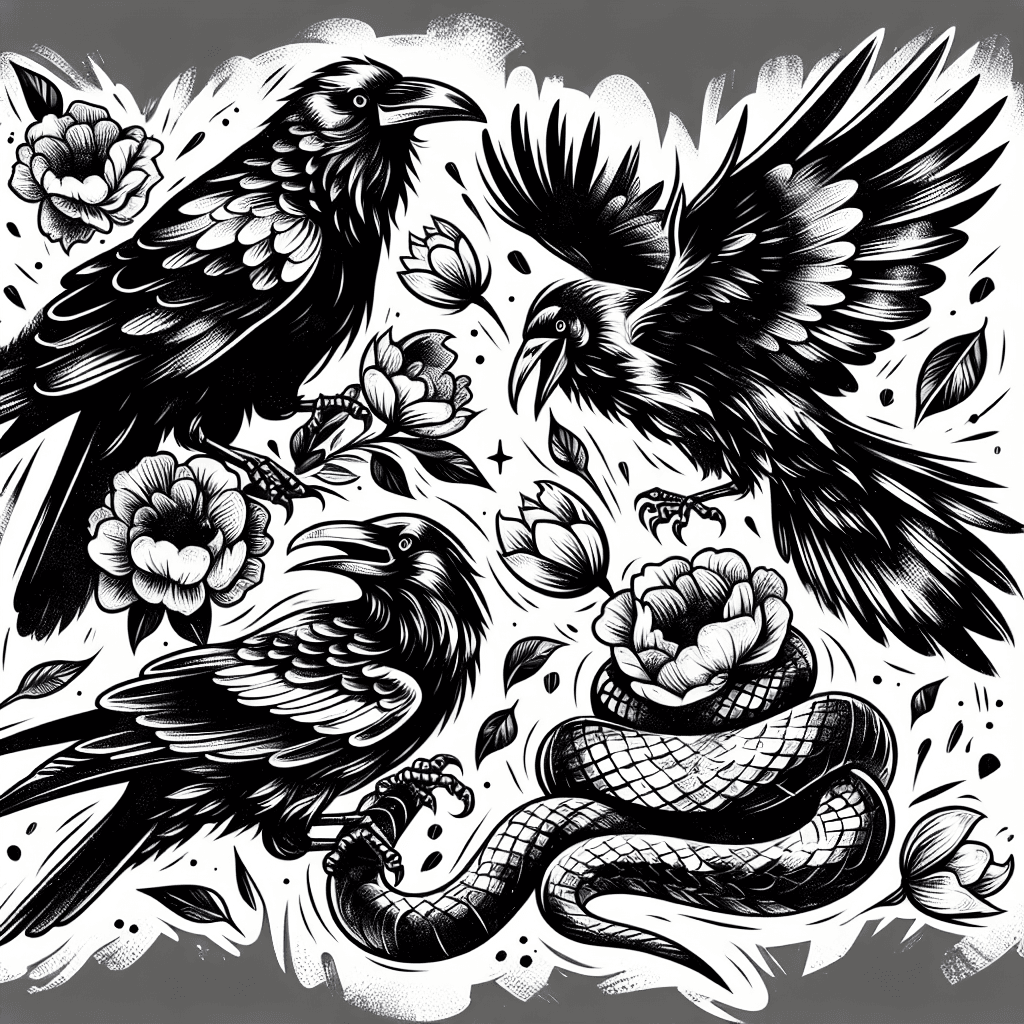 Crows In Background With Snake And Flowers