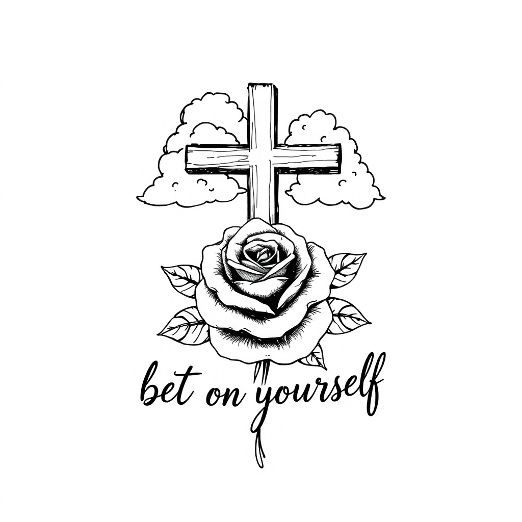 A Cross With Clouds Behind It Above A Rose And Quotes “bet On Yourself”