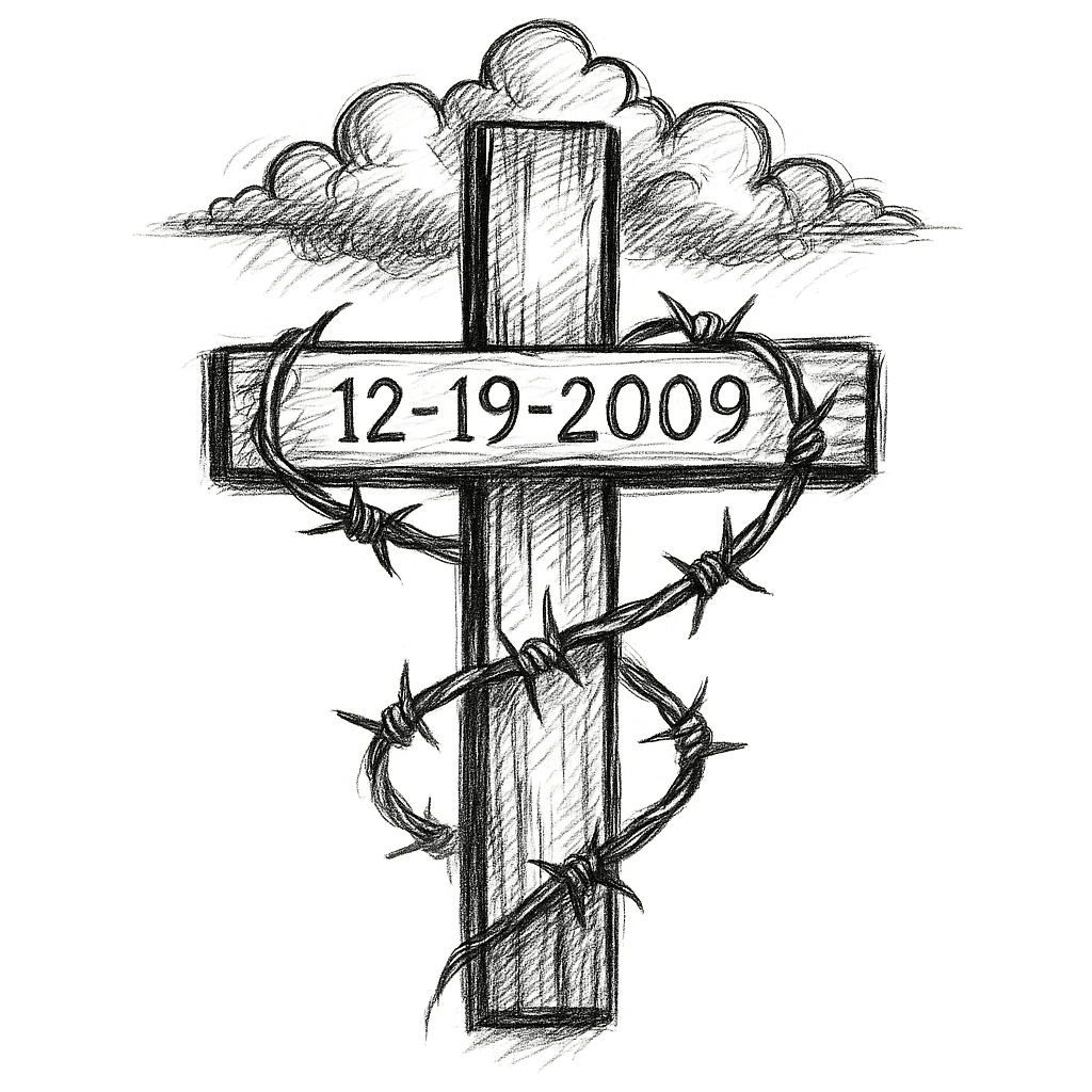 Make Me A Cross That Has Barbwire Going Around The Cross And Inside The Cross Going Across The Top Part Make The Date Visible Showing 12/19/2009 With Clouds Above The Cross Detailed Clouds