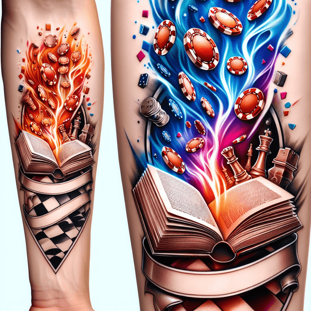 Forearm Tattoo Of An Open Book With Poker Chips And Chess Pieces Flying Out And Up With Smoke And Light And The Word “hiraeth” Etched In A Banner