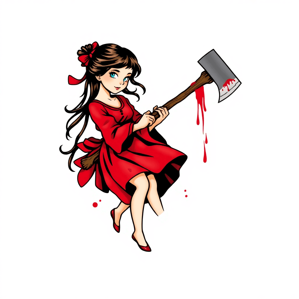 A Girl In Red Dress Carrying An Axe With Blood