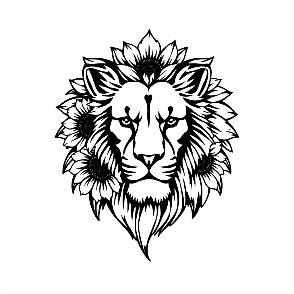 Lion Head With Sunflowers As The Mane