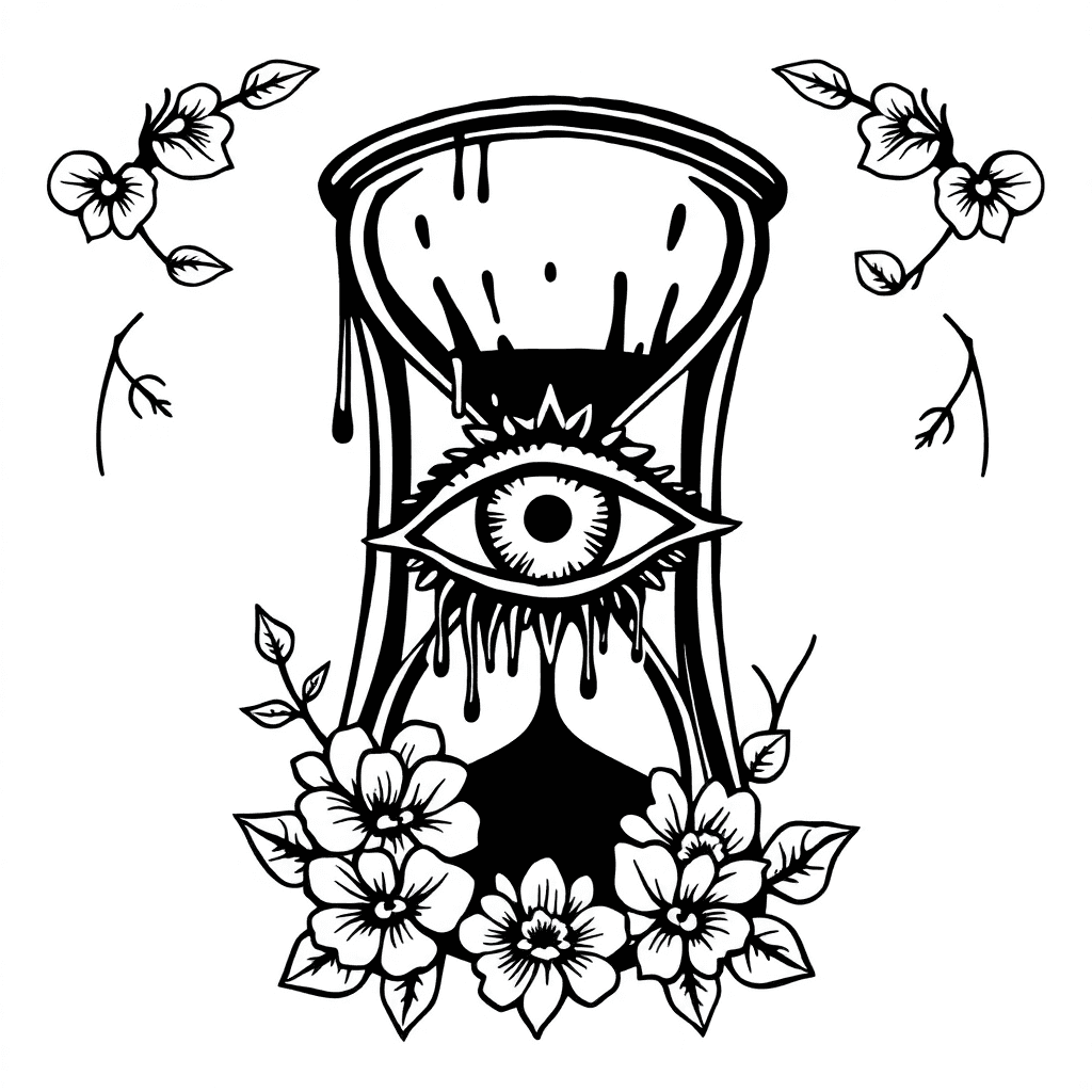 Traditional "Stencil of a trippy drippy all seeing eye inside of an hourglass with a warped vortex numerical code designs. Sticker style. Feminine floral lillie foliage" Tattoo Design