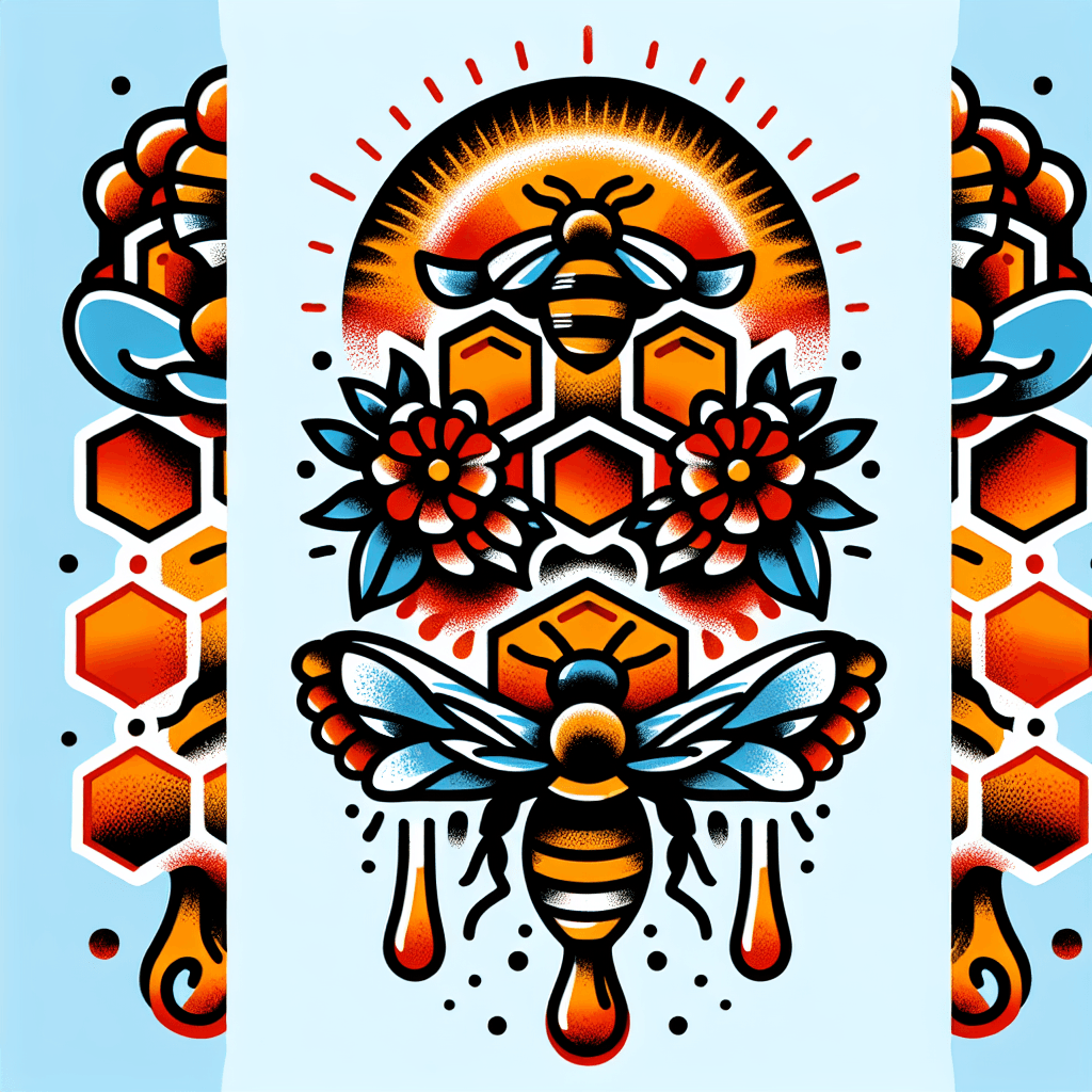 Traditional "Honey comb with bees and honey dripping" Tattoo Design