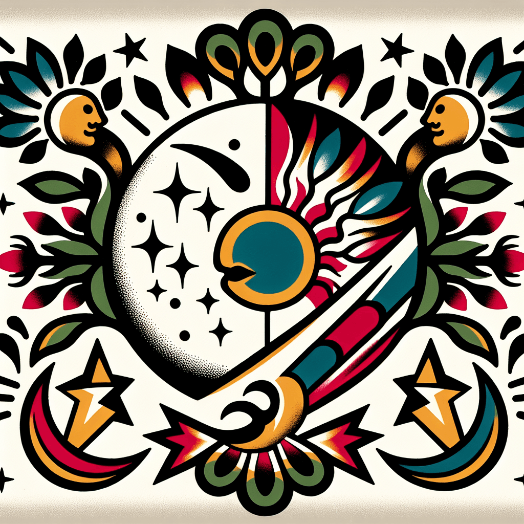 Style Of Draw A Tattoo With A Large Tree Of Life As The Background, A Half Moon With A Merged Face (eyes, Nose, Mouth), And Three Shooting Stars Representing My Wife, Son, And Daughter