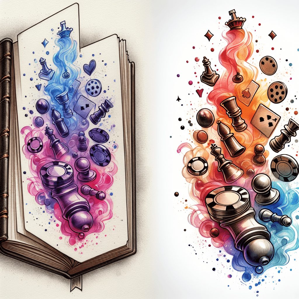 Poker Chips And Chess Pieces Starting Small And Gradually Growing Bigger Floating Out Of An Old Book With Fog All Around