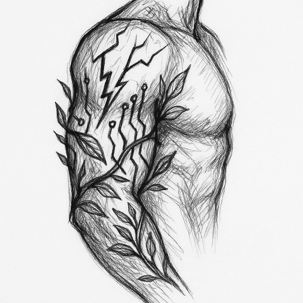 Muscular Upper Arm And Shoulder Tattoo That Has Lightning Lines And Circuitry And Organic Plant Matter Wrapping It