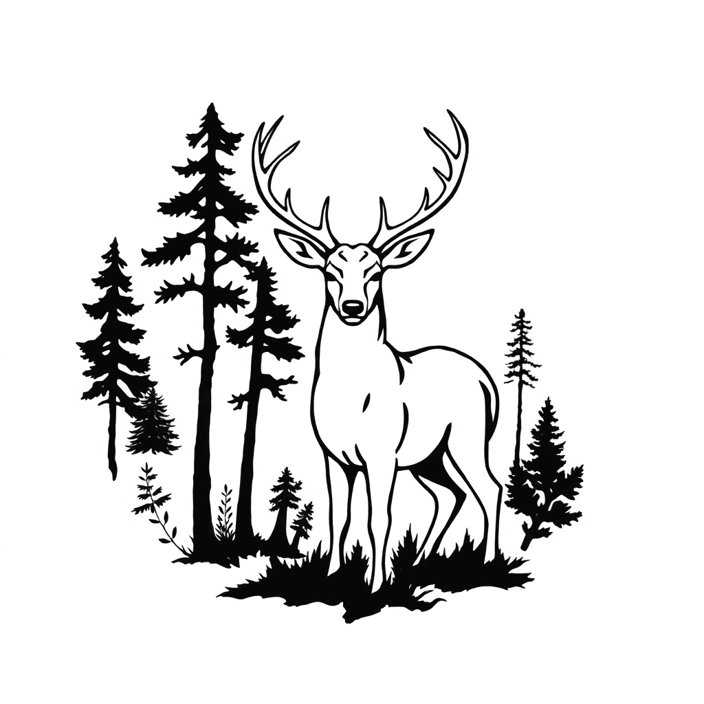 Woodcut Print Featuring A White Male Deer Surrounded By Trees, Hachura, Black And White, Hatch Style