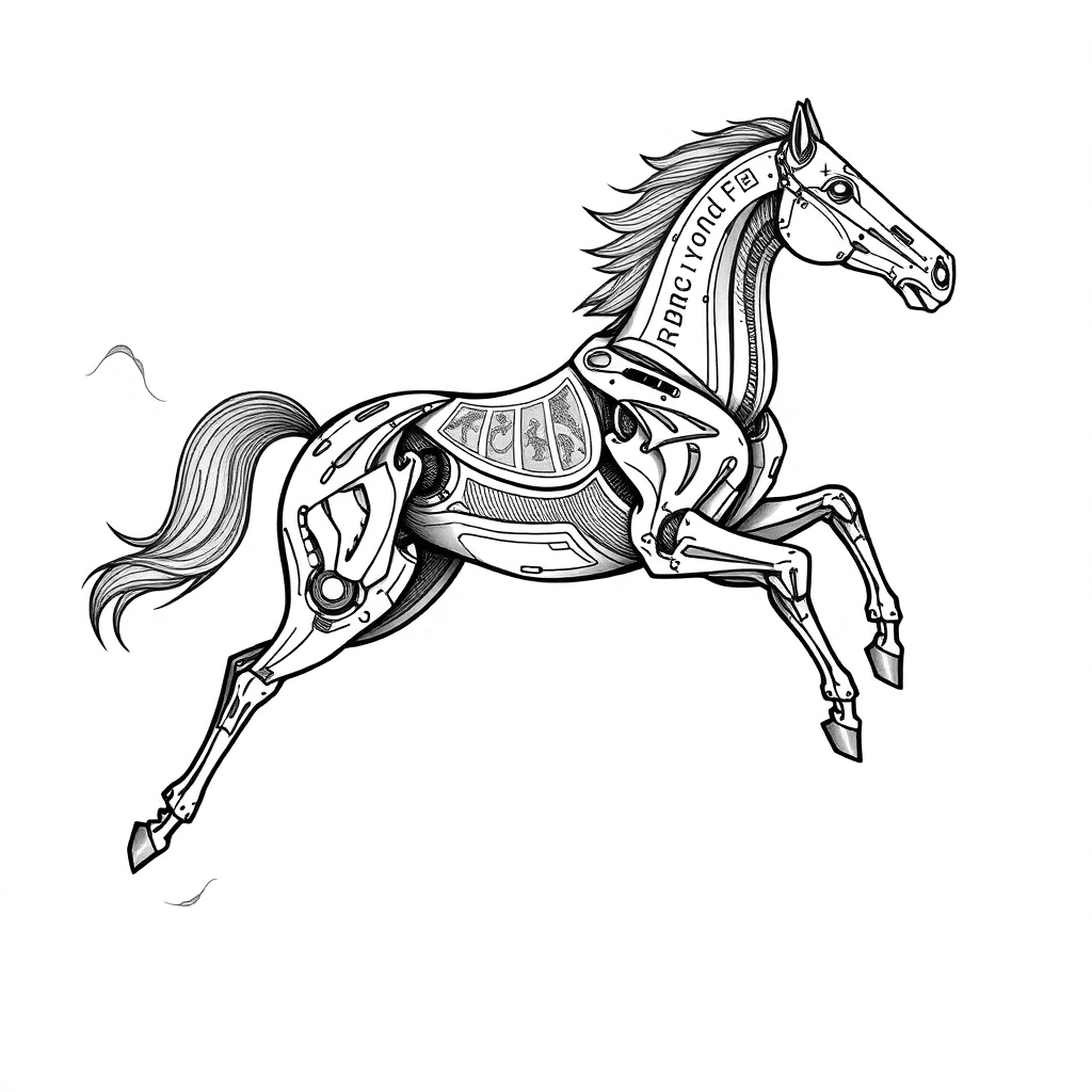 Technical Blueprint For Right Arm Tattoo, Single Needle Style Biomechanical Horse Galloping Towards Right, Hyper-detailed Metallic Anatomy With Engraved Oracle Bone Script Patterns, Hooves Shattering