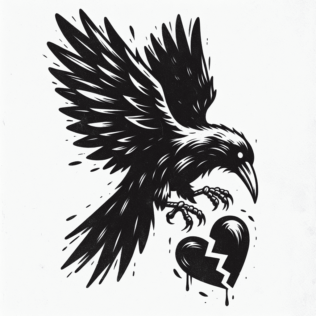 Crow With Wings Spread Holding Half Of A Broken Hart In It’s Talons