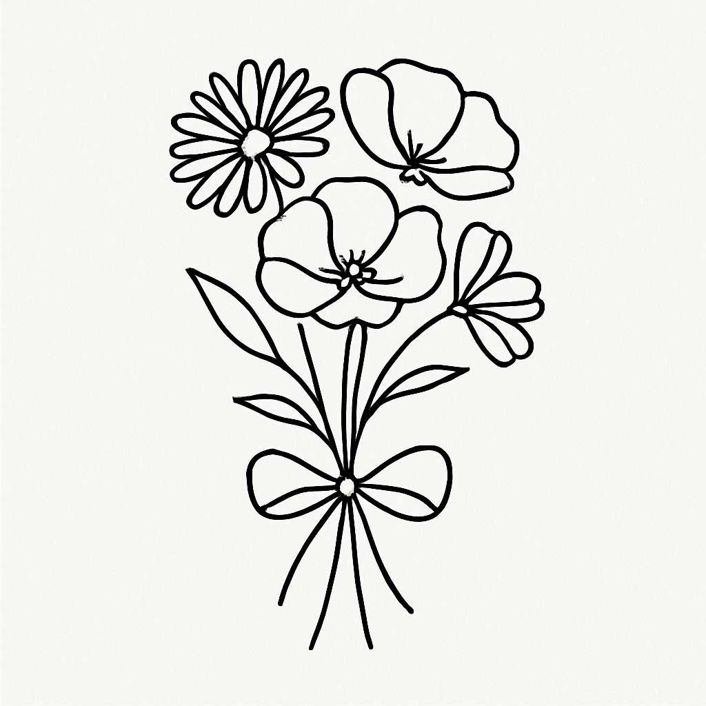 A Bouquet Made Up Of An Aster Flower, A Poppy Flower, And A Cosmo Flower, All Being Held Together By A Bow.