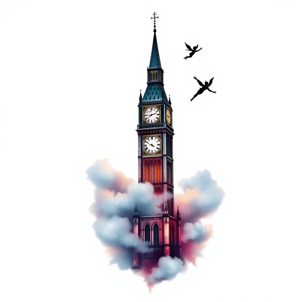 Clock Tower With Silhouette Of Peter Pan Flying Surrounded By Clouds And Fog