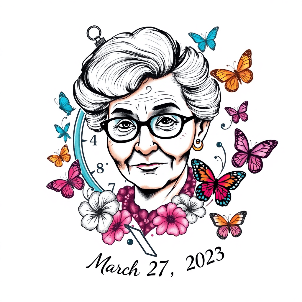 The Main Element Is The Grandmother Character Image
add A Clock And The Time Is 9:40 Am
plus Some Elements Of Tourism And Butterflies
finally, Please Add The Date: March 27th, 2025