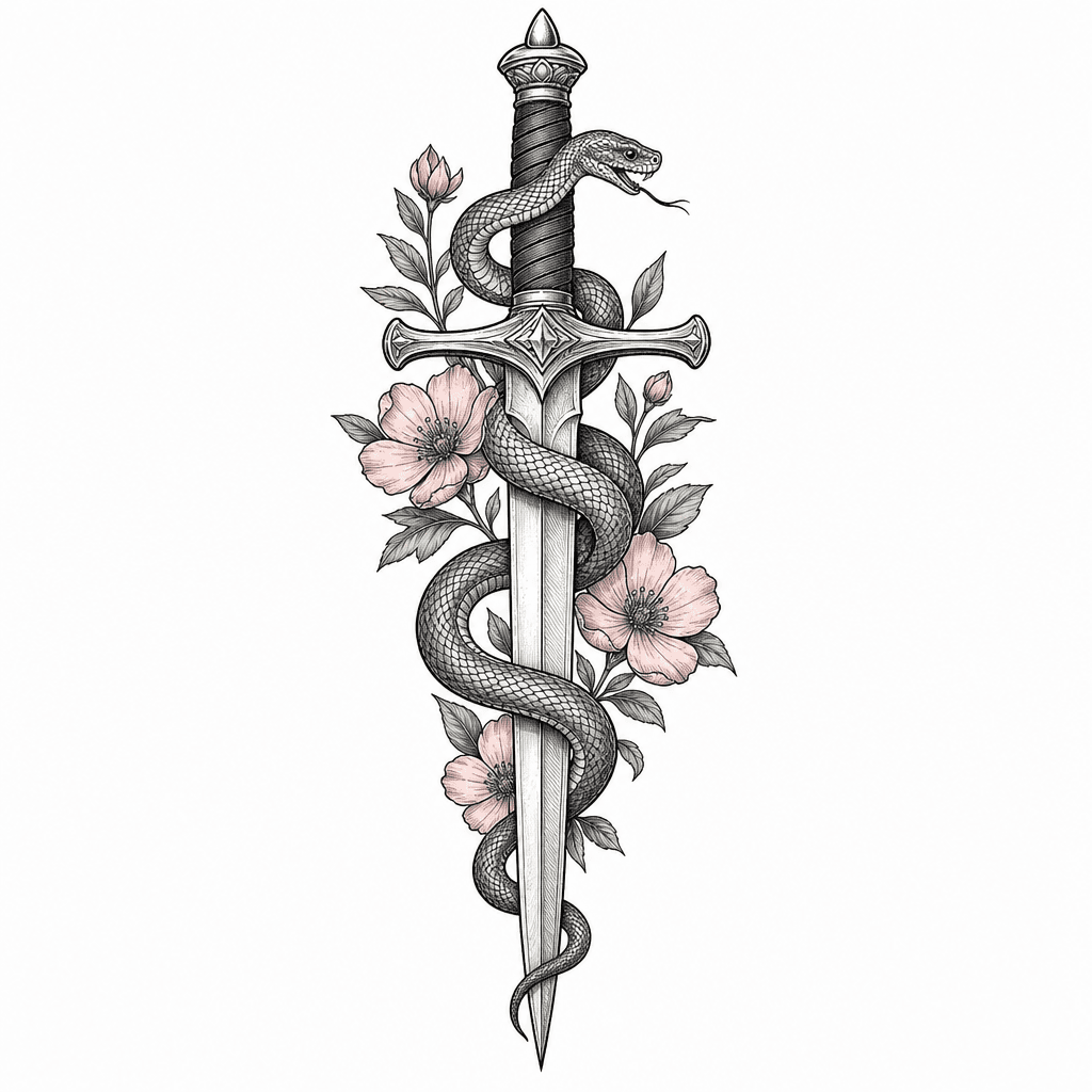 A Sword With A Snake And Flowers Fine Line Maybe Colored