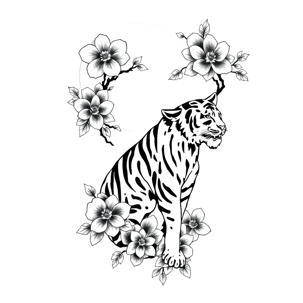 Japanese Leg Tattoo, Tiger, Cherry Blossom, And Japanese Art Like Water Lune And Sky. Add Color On Flower But Stay Still Black And White On Tiger