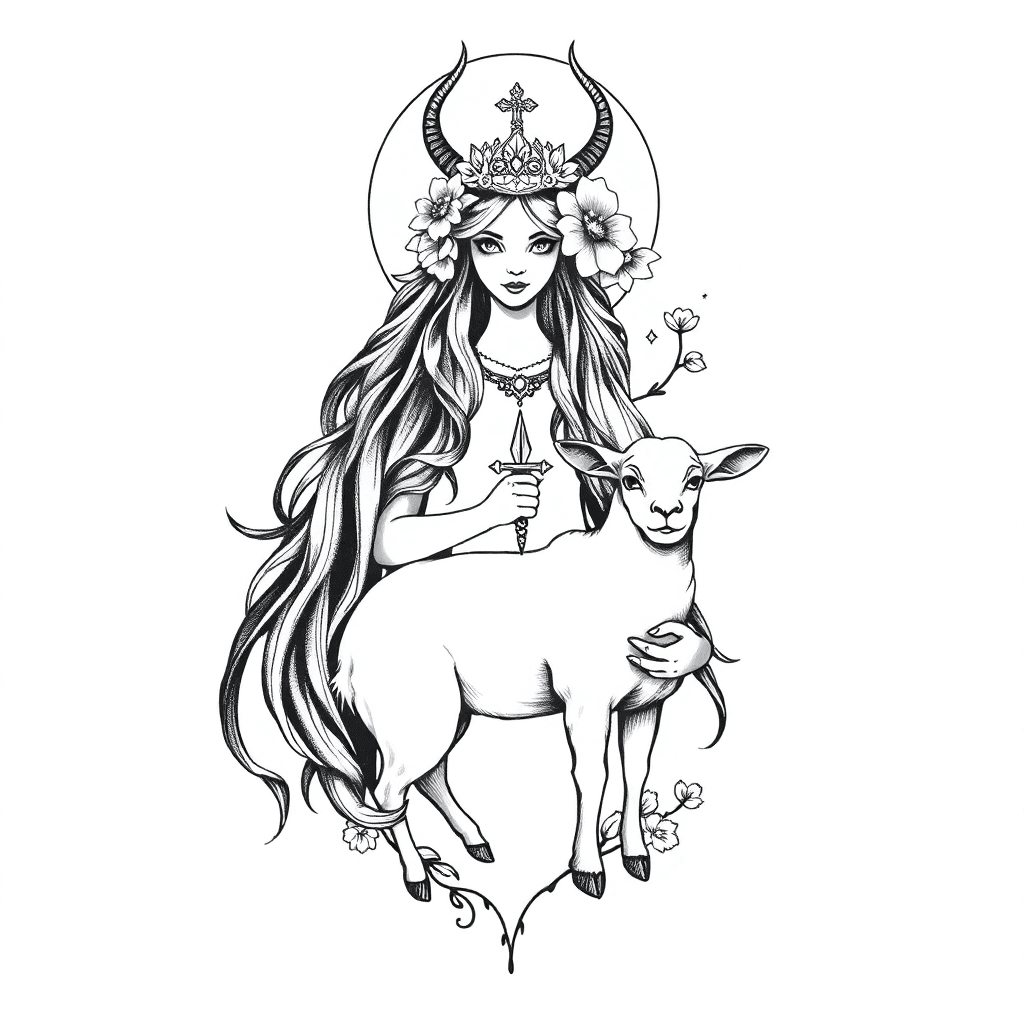 Gehörnte Göttin Ostara Mit Blumen Im Haar, Mit Zeremonienstab, Stehend Zwischen Hase Und Lamm
