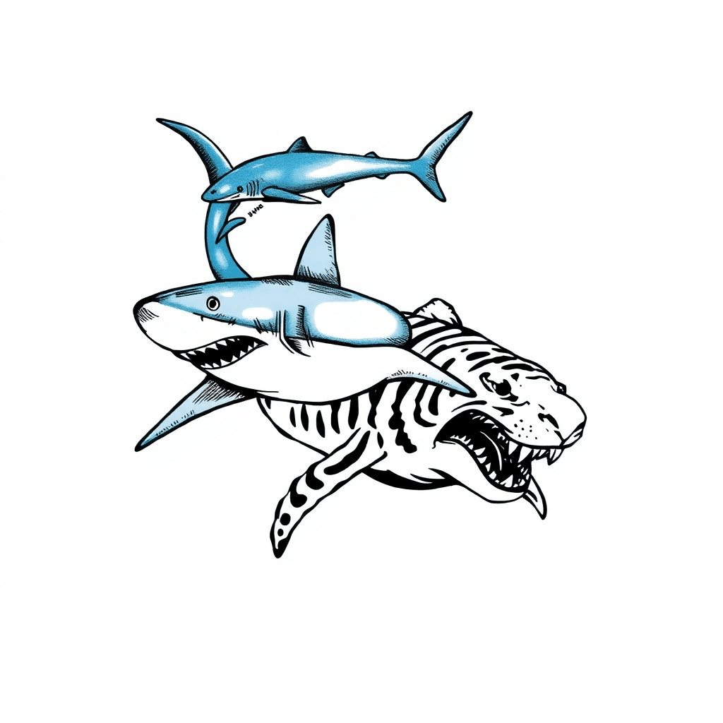 Blue Shark Swim Behind Hamerhead Shark Swim Behind Tiger Shark All From Above And With Shadows