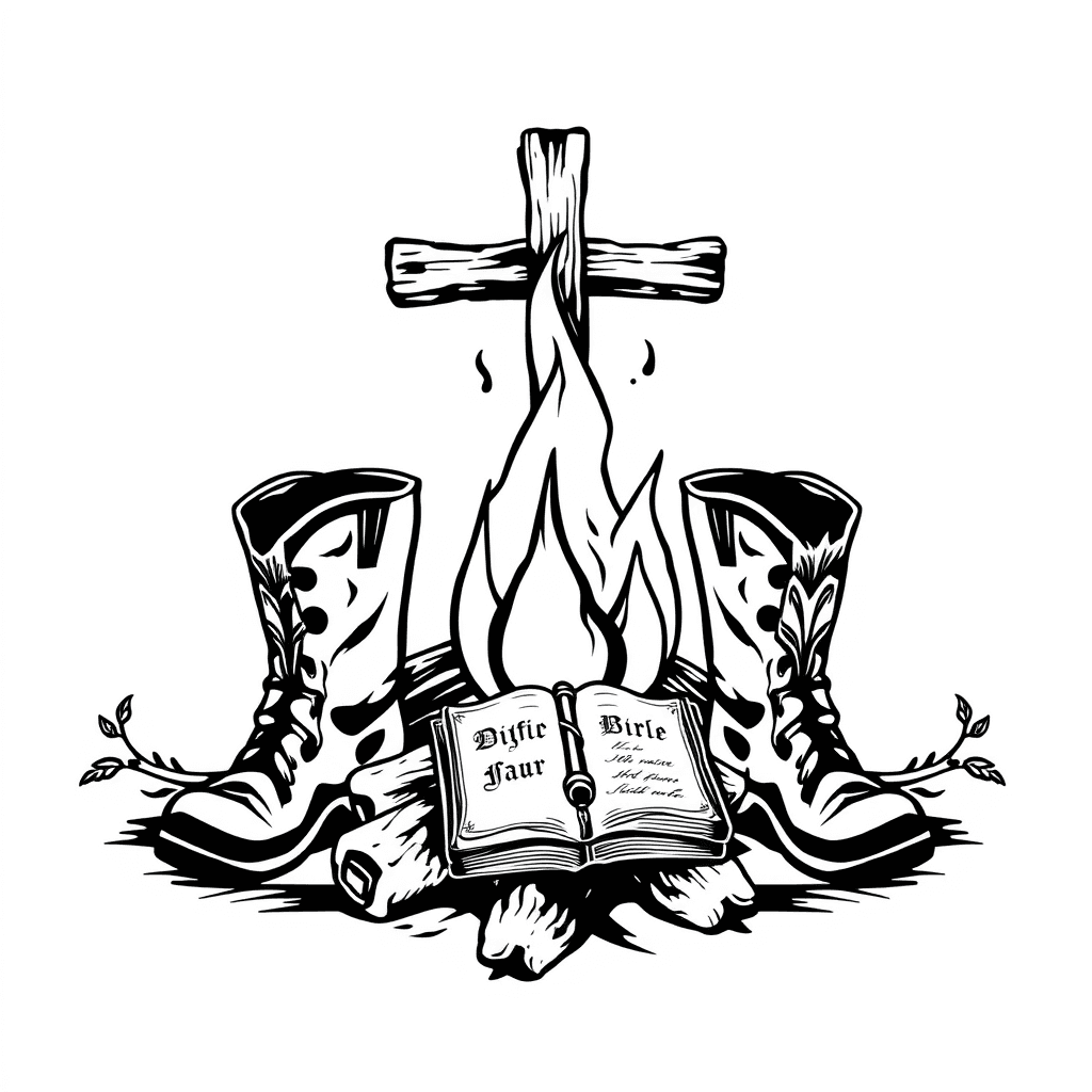 Traditional "A Campfire With An Old Rugged Cross In The Background Pair Of Firemans Boots On One Side And A Pair Of Cowboy Boots On The Other Side With A Bible Laying In Front Of The Fire" Tattoo Design