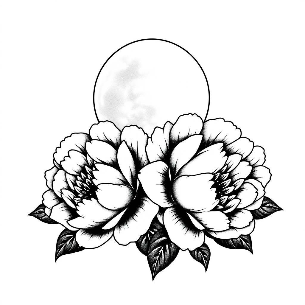 Two Big Peony Flowers With A Moon Facing Up In The Middle Of Them.