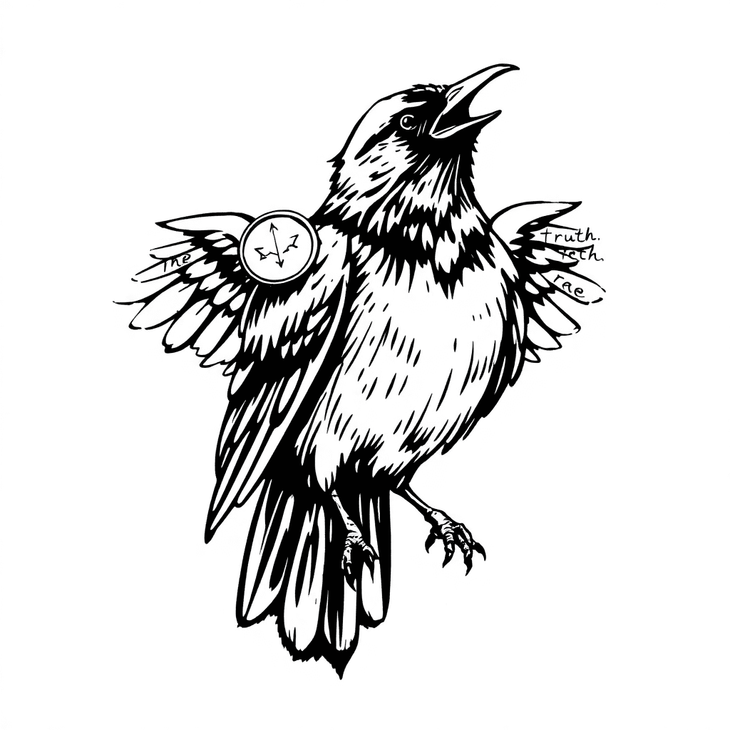 Raven Holding Coin In Beak, Truth Written In The Wings