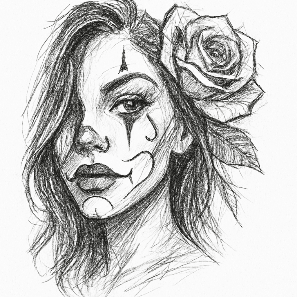 Half Of A Womans Face In Chicano Clown Makeup And A Rose In The Backround