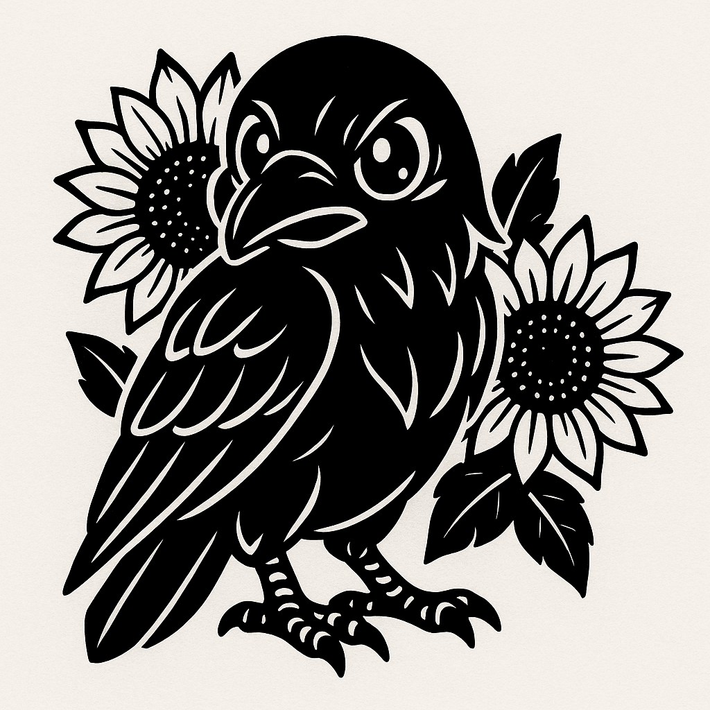 A Neo Traditional Raven With 2 Sunflower One On Either Side