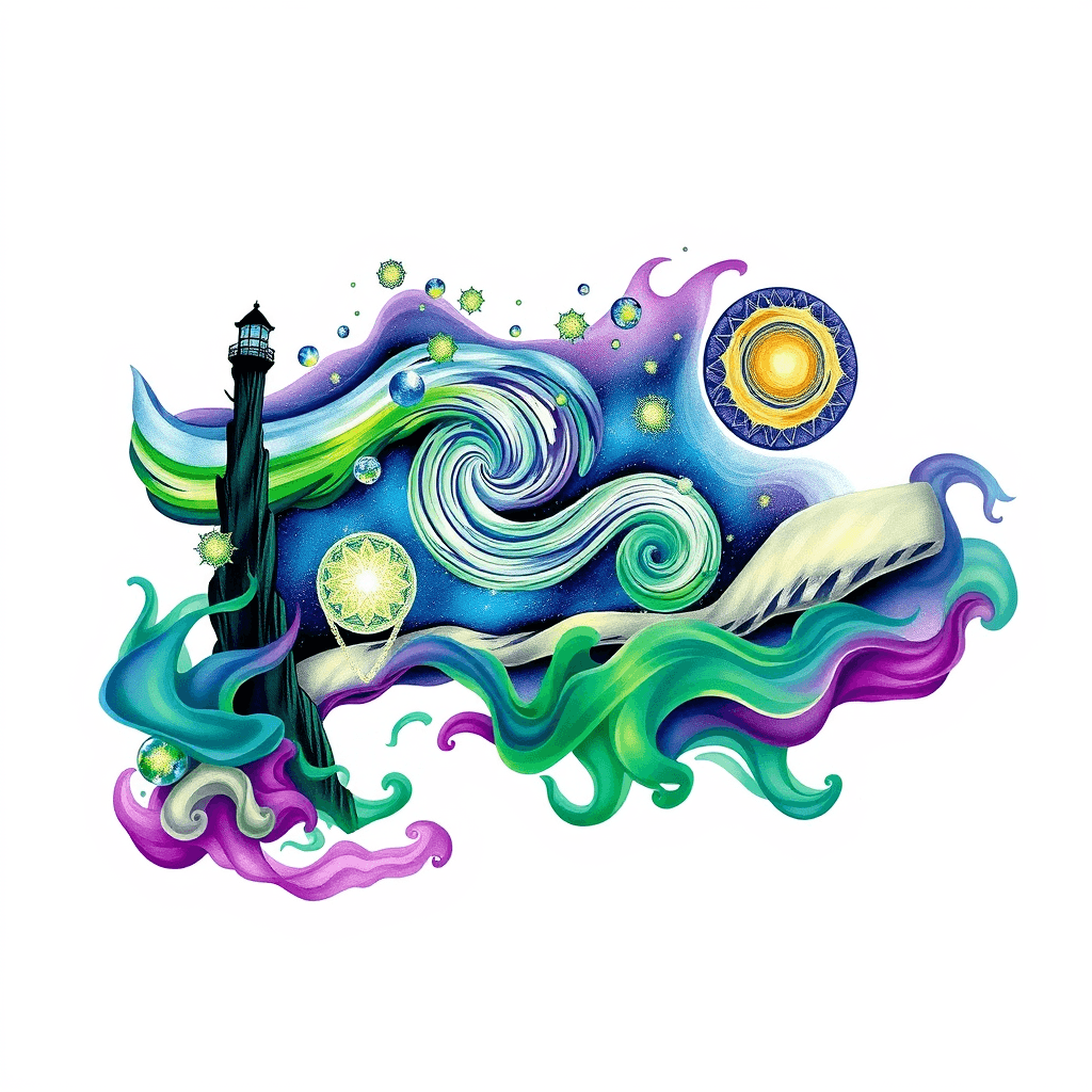 Starry Night Sky With Green And Purple Colored Smoke Swirling Around