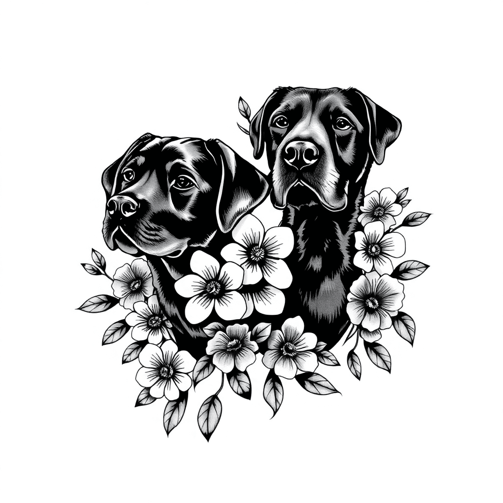 Two Black Labs With Flowers