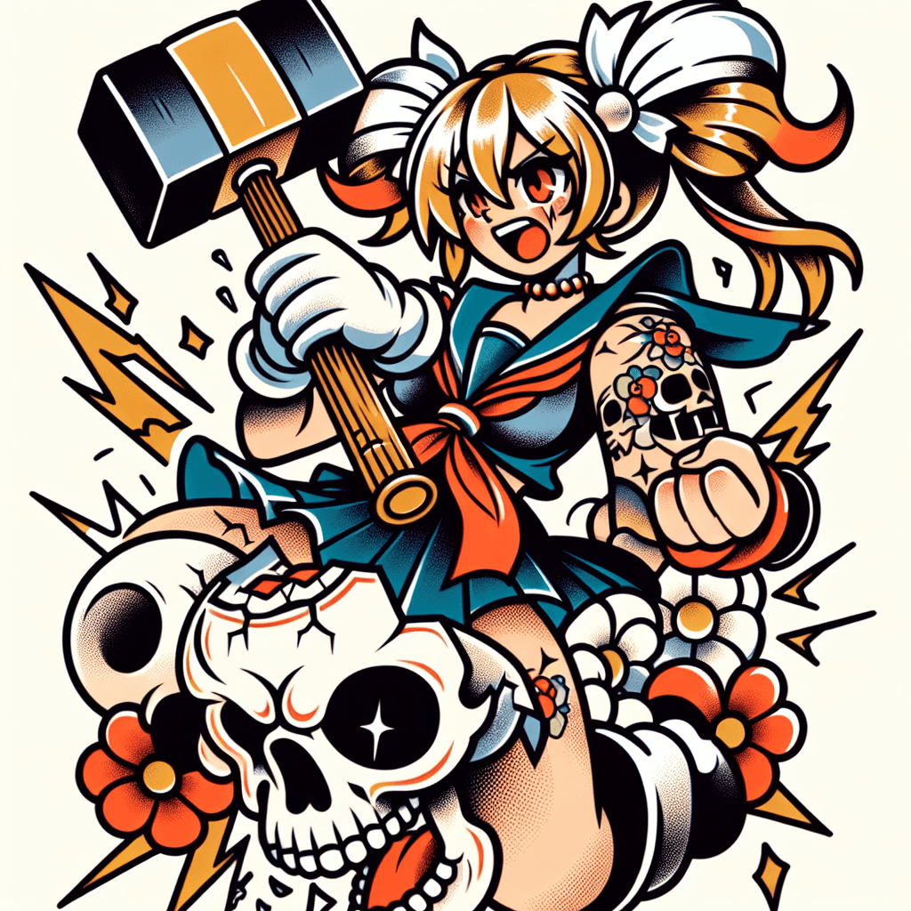 Anime Girl With White Pigtails Smashing A Skull With A Hammer