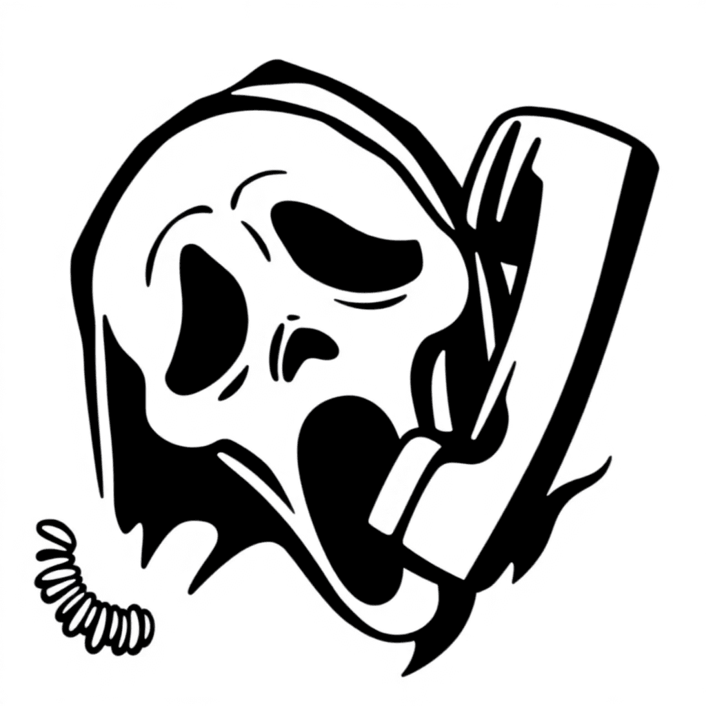 Single line "Scream face with telephone and cord" Tattoo Design