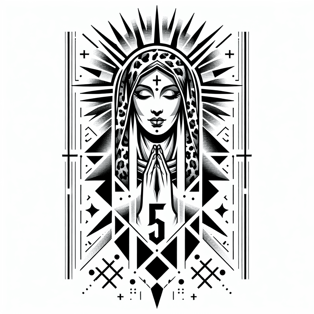 A Lady Saint, With A Piece Of Leopard Skin, Number 5, Hands Together In Pray.