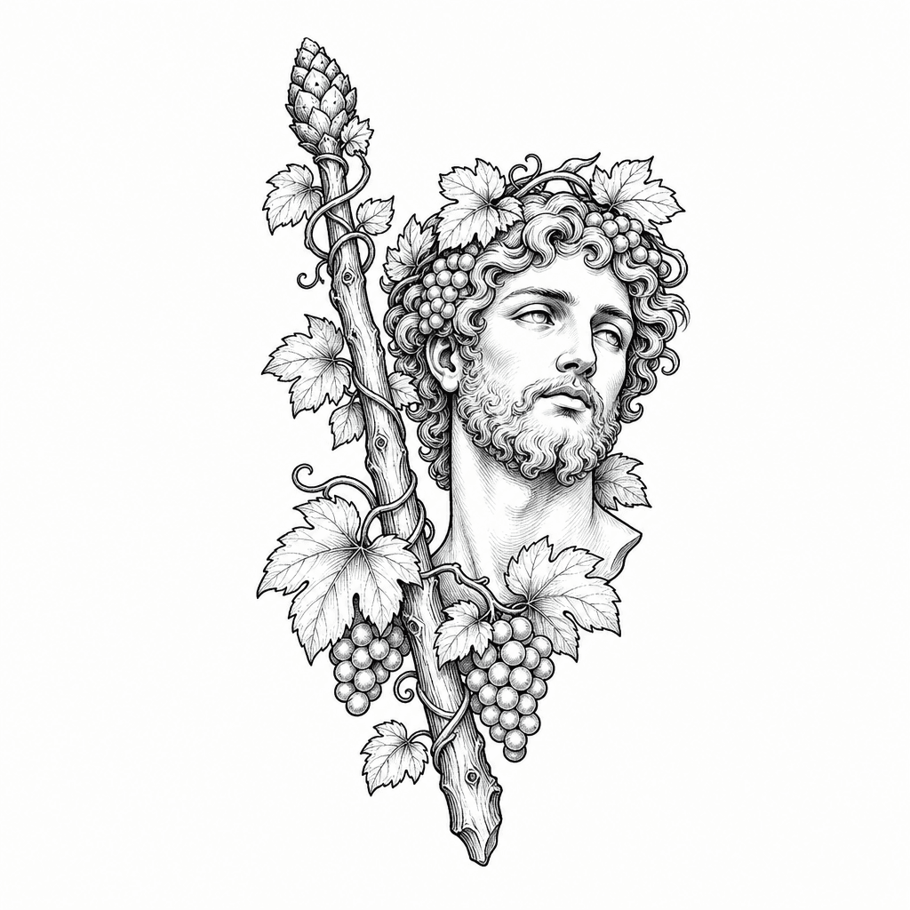 Sketch "Dionysus grape vine with thyrsus staff" Tattoo Design