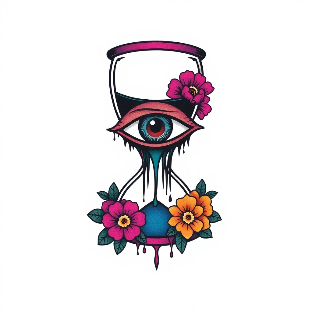 Stencil Of A Trippy Drippy All Seeing Eye Inside Of An Hourglass With A Warped Vortex Numerical Code Designs. Sticker Style. Feminine Floral Lillie Foliage