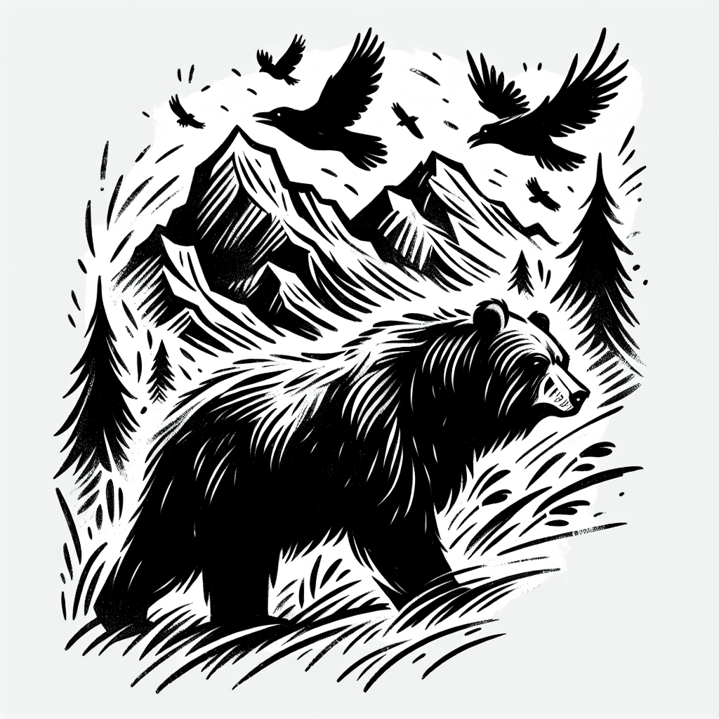 Bear In Mountains With Crows