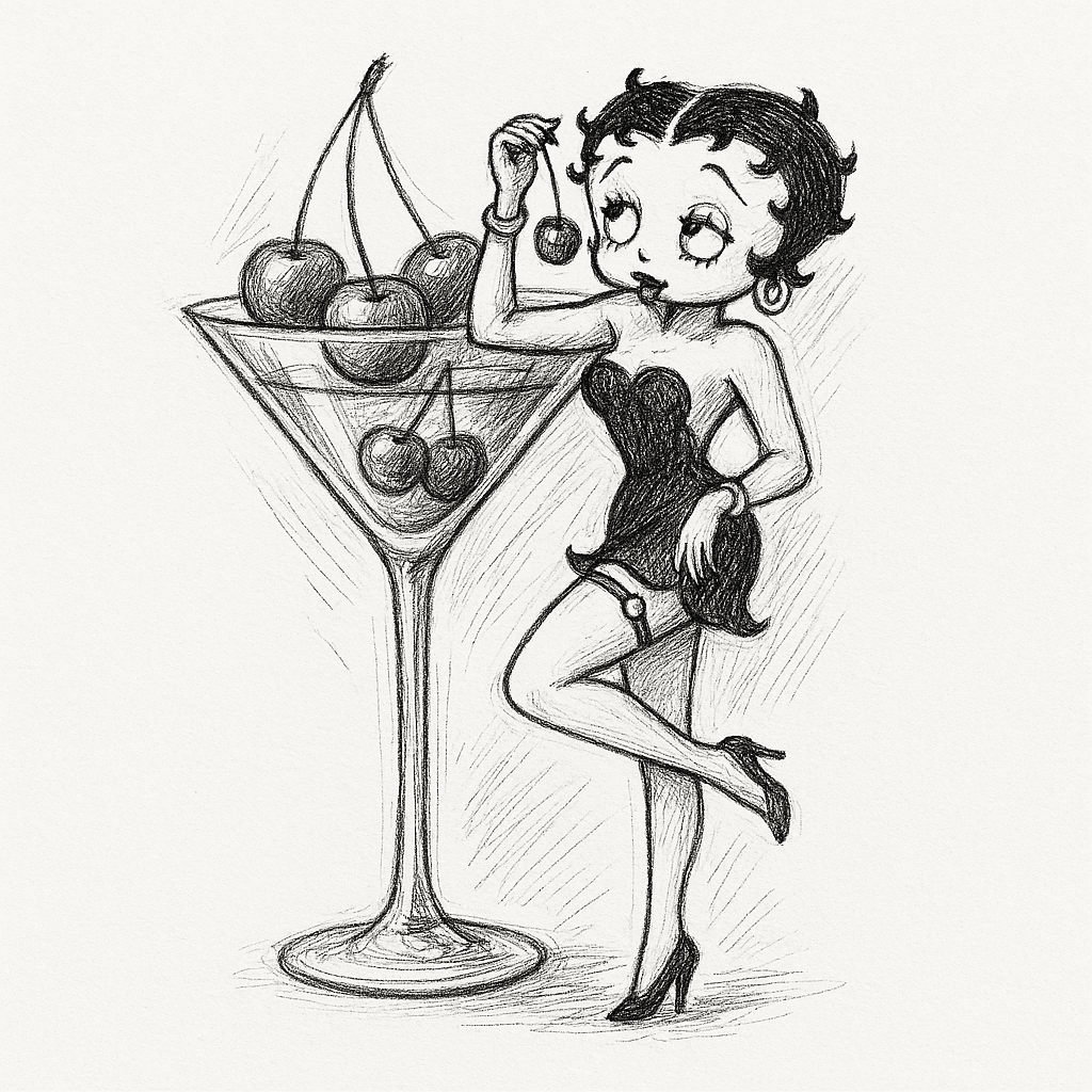 Martini Glass With A Few Cherries. Betty Boop Standing Next To The Glass, Leaning Up Against It While Eating A Cherry Holding It By The Stem Above Her. Black And White Fine Line