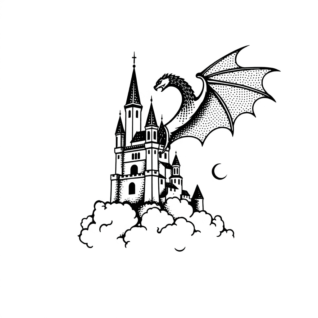 A Tall Castle Sitting On Clouds With A Dragon Flying Over It