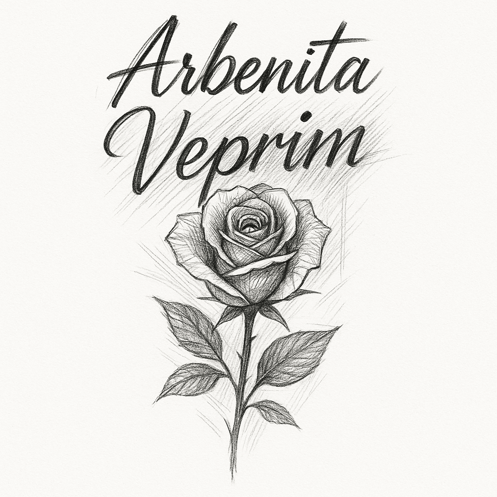 Realistic Black And Grey Forearm Tattoo Design, The Name “arbenita” Written In Elegant Cursive Script On Top, And The Name “veprim” Written Below It In Matching Cursive, The Second Name Overlaps Halfw