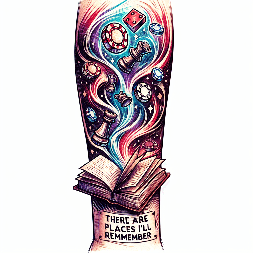 Forearm Tattoo Of A Book Titled "hiraeth" Opened With Poker Chips And Chess Pieces Magically Flying Upwards With Smoke And With The Words "there Are Places I'll Remember"