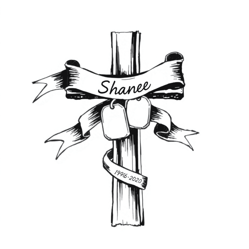 A Cross With A Ribbon Around It With My Dads Name Shane And His Birthday 1986-2020 And Dog Tags Included In The Cross