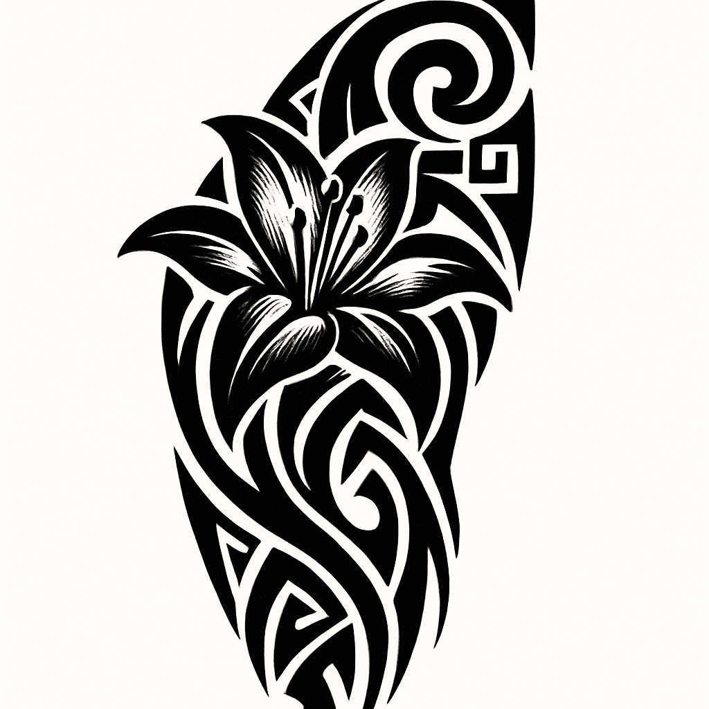 Design A Man’s Lily Tattoo, Neo-tribal, Sharper Edges, Thicker Outlines And Deeper Shading, Wraps From Top Of Shoulder Down To Bicep