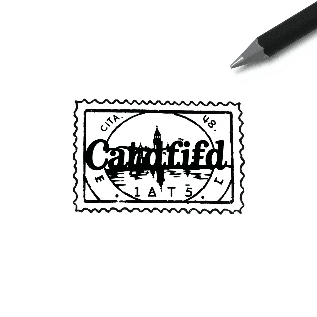 Single line "post stamp and on the inside of the stamp something related with Cardiff city" Tattoo Design