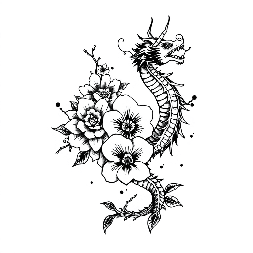 I Want A Tattoo With A Mix Of Japanese Flowers And 2 Dragons, This Is For A Woman So Make It More Girly; Also, It Will Be Placed On The Back