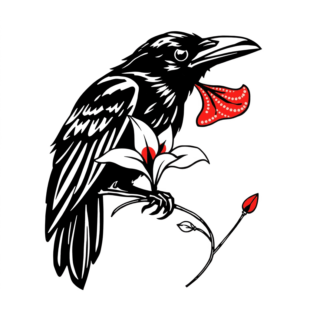 Simple Crow With Red Spider Lily In Its Mouth