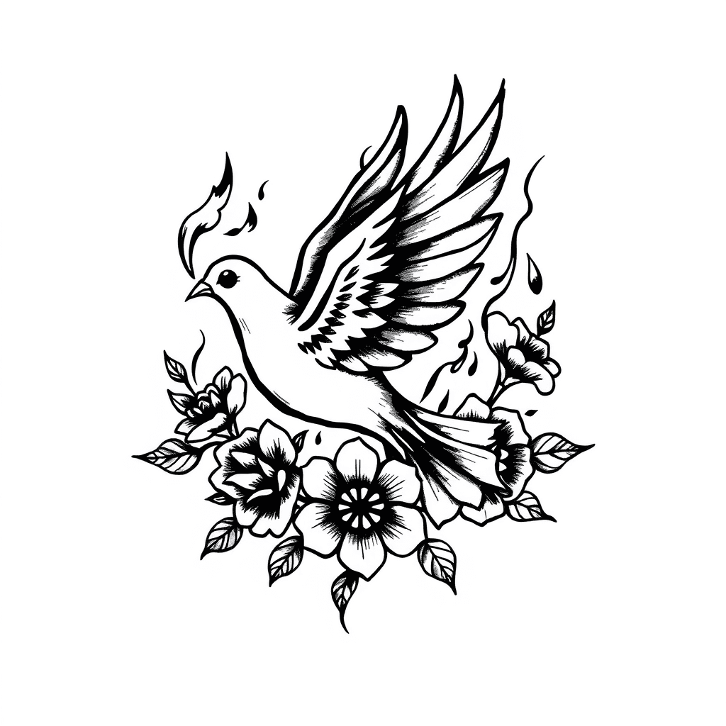 A Dove With Wings Made Of Fire Surrounded By Flowers
