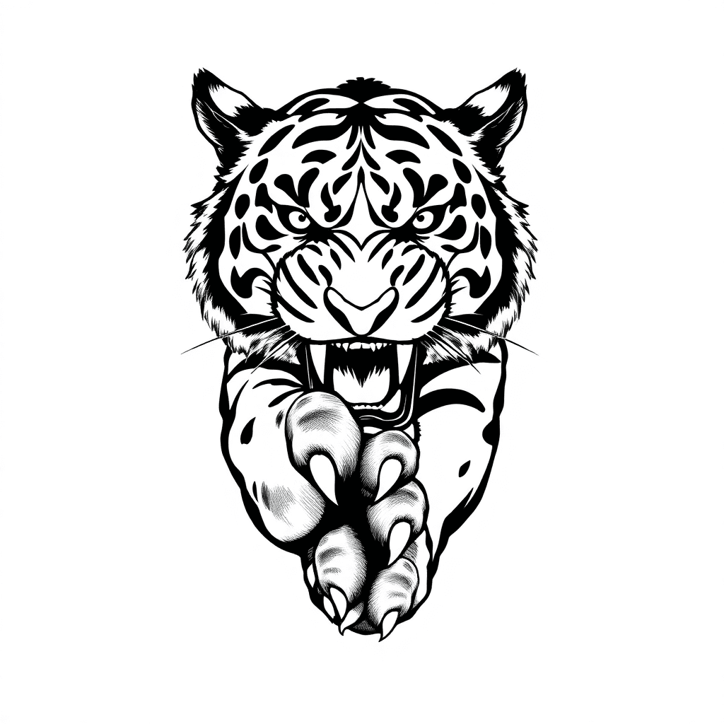 I Want To Create A Tattoo Of A Tiger With Its Arm In Front Showing Its Paw Claws. This Tiger Is Very Angry And Showing Its Teeth. Its Eyes Are Completely White.