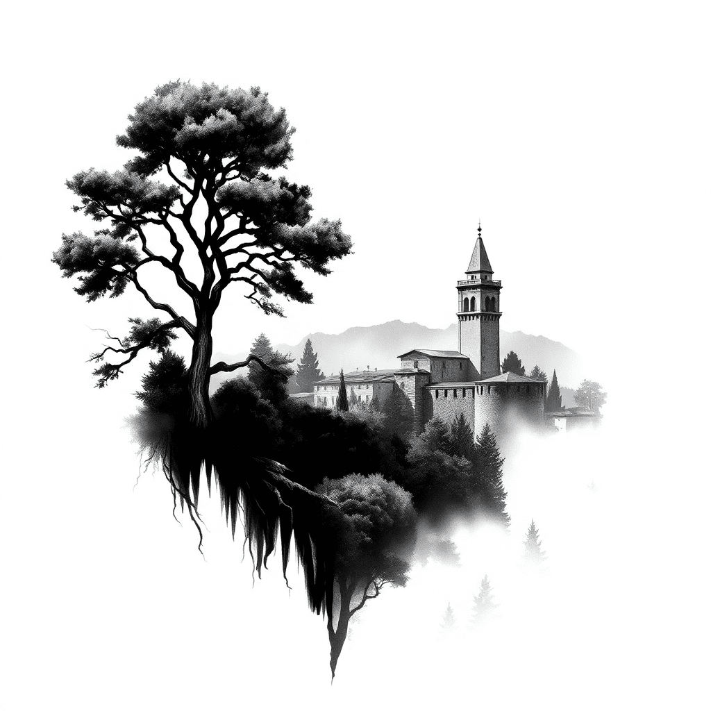 Crea Un Tatuaggio Stile Realismo. Un Foresta Sfumata Come Sfondo, Una Torre Di Avvistamento Romana, Un Elmo Spartano E Un Occhio Di Acquila