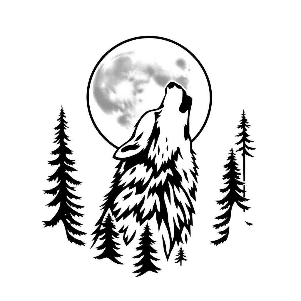 "a Wolf Howling At A Moon Surrounded By Forest Trees, Symbolizing Wildness And Solitude."