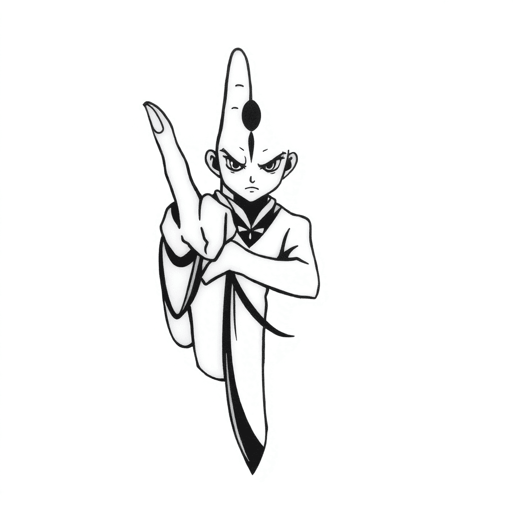 Single line "There is already a tattoo of a crossed finger on the skin. Draw the character Appa from the anime Avatar over the crossed finger." Tattoo Design