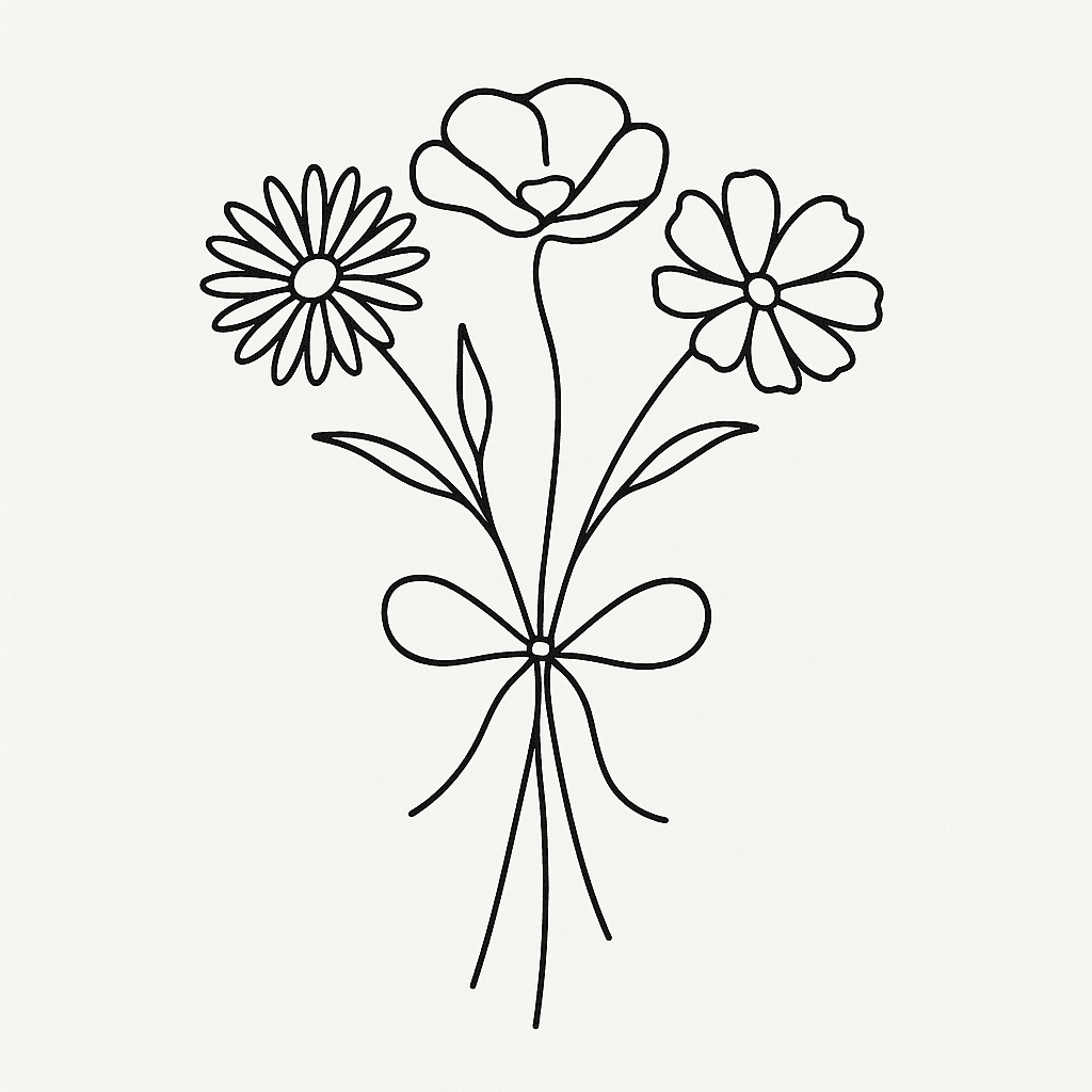 A Bouquet Made Up Of An Aster On The Left, A Poppy In The Center, And A Cosmo On The Right. The Aster And The Cosmo Should Be The Same Height And The Flowers Are Being Held Together By A Bow.